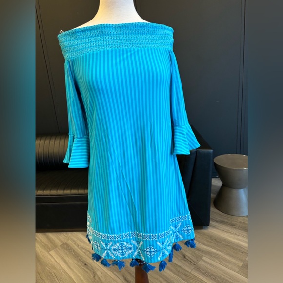 Beautiful off the shoulder smocked dress or coverup in turquoise! - Picture 1 of 7